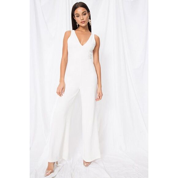 superdown Pants - Super Down Purple Carmela Deep V Wide‎ Leg Jumpsuit Medium